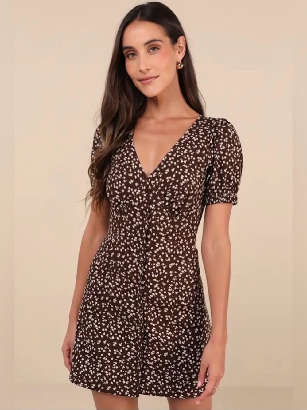 Lulu's Brown Cordoroy Floral Mini Dress